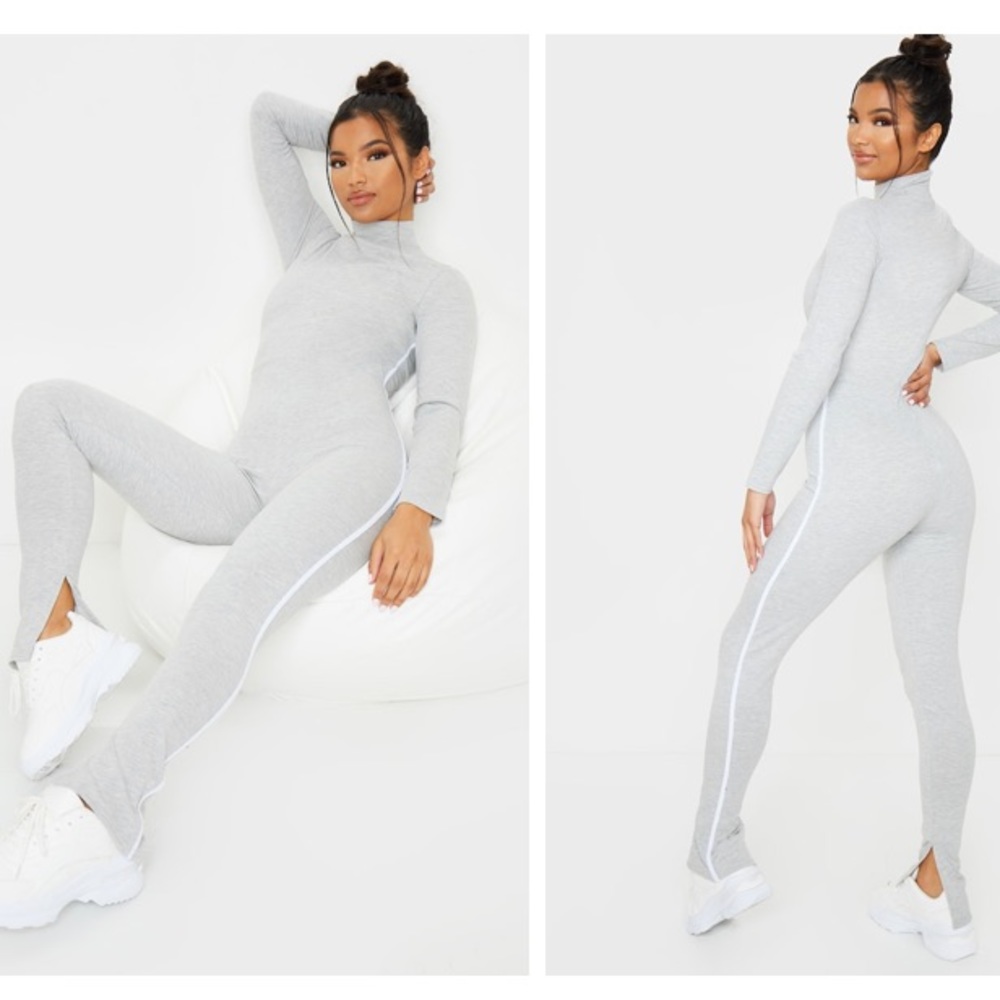 Prettylittlethings Grey Sports Stripe High Neck Jumpsuit